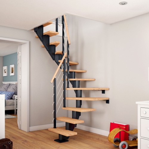 Dolle Mittelholmtreppe Frankfurt 1/2 gewendelt Eiche weiß, geölt 65 cm breit für GH 222 – 258 cm UK Metall Anthrazit mit Geländer