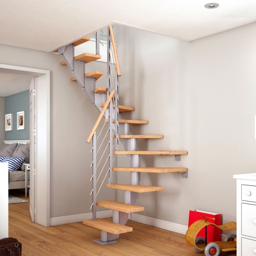 Dolle Mittelholmtreppe Frankfurt 1/2 gewendelt Eiche weiß, geölt 65 cm breit für GH 222 – 258 cm UK Metall Perlgrau mit Geländer