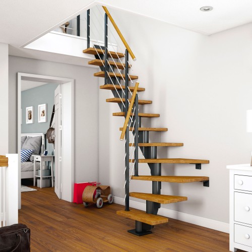 Dolle Mittelholmtreppe Frankfurt 1/4 gewendelt Eiche, geölt 65 cm breit für GH 240 – 279 cm UK Metall Anthrazit mit Geländer