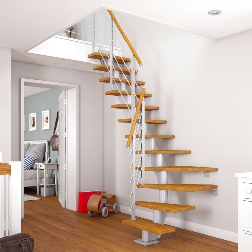 Dolle Mittelholmtreppe Frankfurt 1/4 gewendelt Eiche, geölt 75 cm breit für GH 222 – 258 cm UK Metall Perlgrau mit Geländer