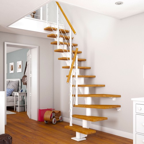 Dolle Mittelholmtreppe Frankfurt 1/4 gewendelt Eiche weiß, geölt 75 cm breit für GH 222 – 258 cm UK Metall Weiß mit Geländer