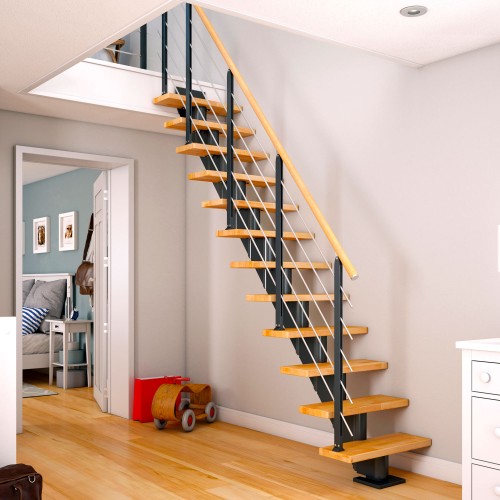 Dolle Mittelholmtreppe Frankfurt Gerade Buche, geölt 75 cm breit für Geschosshöhen 222 – 258 cm UK Metall Anthrazit inkl. einseitigem Designgeländer