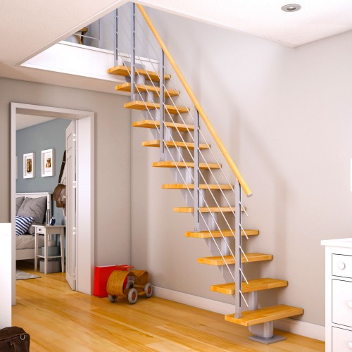 Dolle Mittelholmtreppe Frankfurt Gerade Buche, geölt 65 cm breit für Geschosshöhen 222 – 258 cm UK Metall Perlgrau inkl. einseitigem Designgeländer