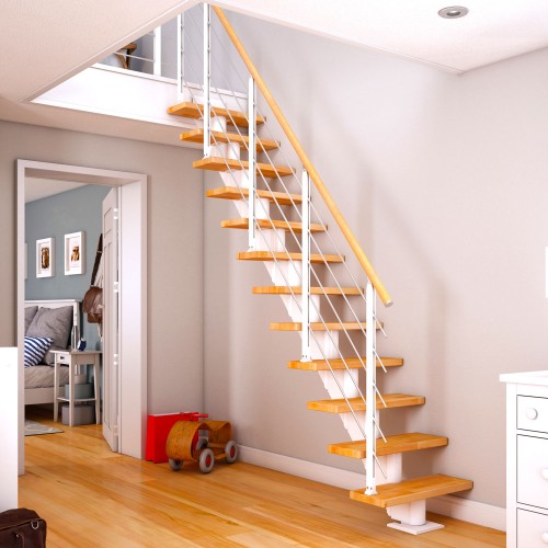 Dolle Mittelholmtreppe Frankfurt Gerade Buche, geölt 65 cm breit für Geschosshöhen 222 – 258 cm UK Metall Weiß inkl. einseitigem Designgeländer