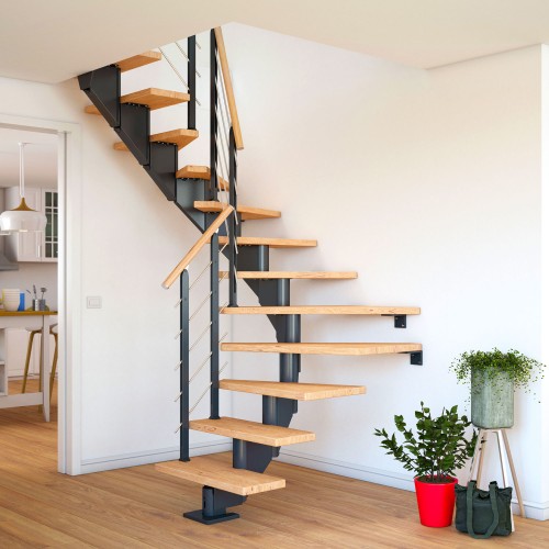 Dolle Mittelholmtreppe Hamburg 1/2 gewendelt Eiche weiß, geölt 75 cm breit für GH 222 – 258 cm UK Metall Anthrazit mit Geländer