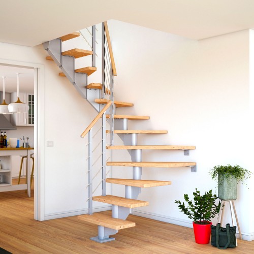 Dolle Mittelholmtreppe Hamburg 1/2 gewendelt Eiche weiß, geölt 75 cm breit für GH 240 – 279 cm UK Metall Perlgrau mit Geländer