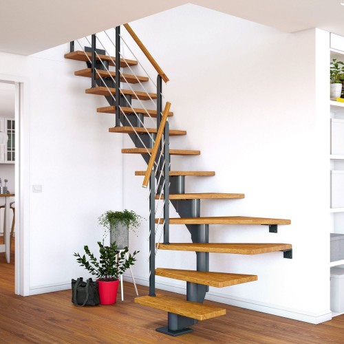 Dolle Mittelholmtreppe Hamburg 1/4 gewendelt Eiche, geölt 75 cm breit für GH 240 – 279 cm UK Metall Anthrazit mit Geländer