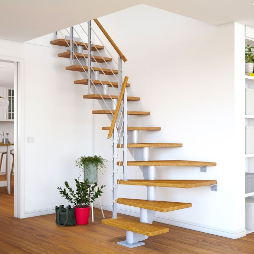 Dolle Mittelholmtreppe Hamburg 1/4 gewendelt Eiche, geölt 85 cm breit für GH 222 – 258 cm UK Metall Perlgrau mit Geländer