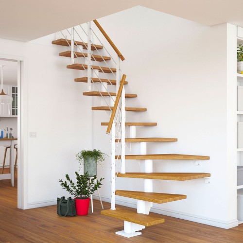 Dolle Mittelholmtreppe Hamburg 1/4 gewendelt Eiche, geölt 75 cm breit für Geschosshöhen 240 – 279 cm UK Metall Weiß inkl. einseitigem Designgeländer