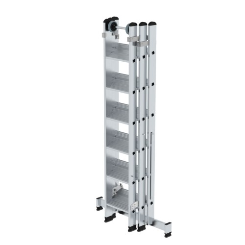 MUNK Stufen- Mehrzweckleiter mit Wandlaufrollen und Nivello® Traverse 3x6 Stufen
