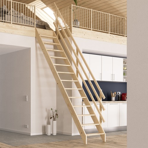 Dolle Raumspartreppe Burgau bis 289cm Geschosshöhe in Fichte unbehandelt inklusive Geländer