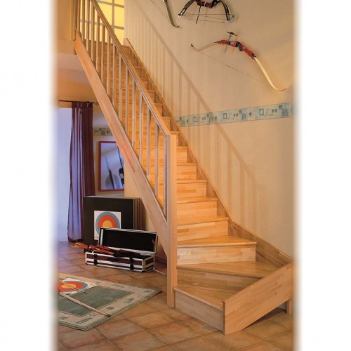 Dolle Raumspartreppe Paris mit Setzstufen Buche versiegelt Treppenlauf ¼ gewendelt unten links Rechteckstäbe