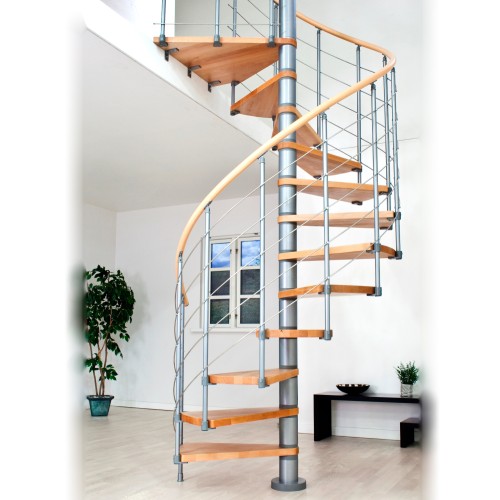 Dolle Spindeltreppe Oslo Ø140cm mit 273-299cm Geschosshöhe 12 Stufen Buche lackiert Geländer grau, mitlaufende Edelstahlstäbe