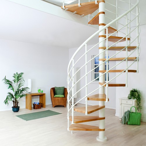 Dolle Spindeltreppe Oslo Ø120cm mit 252-276cm Geschosshöhe 11 Stufen Buche lackiert Geländer weiß, mitlaufende Kunststoffstäbe