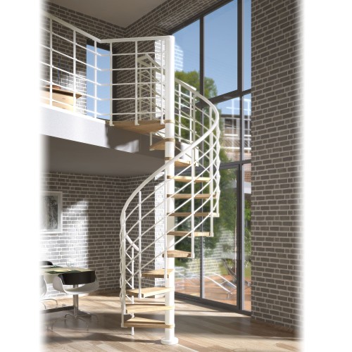 Dolle Spindeltreppe Oslo Ø120cm mit 315-345cm Geschosshöhe 14 Stufen Eiche lackiert Geländer weiß, mitlaufende Kunststoffstäbe