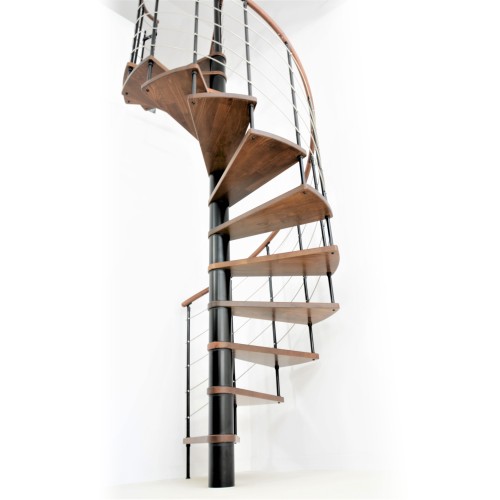 Minka Spindeltreppe Venezia Buche auf Walnuss lackiert mit Handlauf und UK in silber Ø160cm bis 309,4cm Geschosshöhe