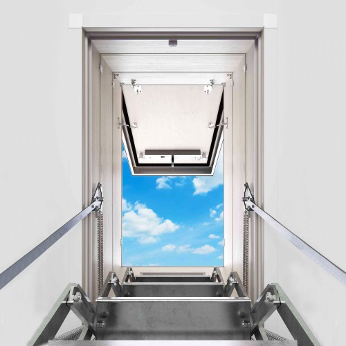 Dolle Flachdachausstieg clickFIX® vario Aluminium-Scherentreppe 120 x 60 cm 1 Zwischenrahmen 293 – 325 cm Raumhöhe