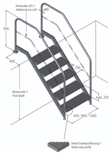 Eichenwald Pooltreppe Modell 13 Treppe mit 3 Stufenbreiten bis max. Beckentiefe 2070mm