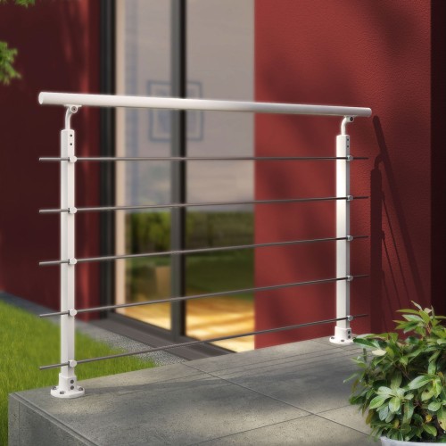 Dolle Brüstungsgeländer zur Bodenmontage Aluminium weiß mit ovalen Pfosten, mitlaufende Edelstahlstäbe Stäbe und Handlauf rund