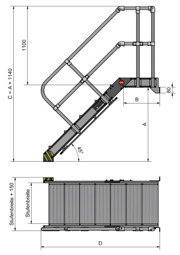 Hailo Plattformtreppe wandmontiert Neigung 60° Stufenbreite 1000mm 4 Stufen
