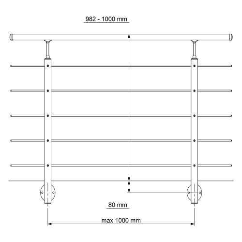 Dolle Brüstungsgelander zur Wandmontage 1,5m Aluminium mitlaufende Edelstahlstäbe, Pfosten und Handlauf rund