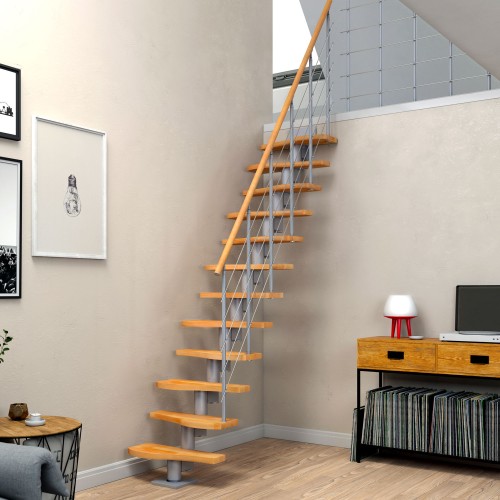 Dolle Mittelholmtreppe Basel Eiche, lackiert 64 cm breit für Geschosshöhen 222 – 276 cm UK Metall Anthrazit inkl. einseitigem Designgeländer