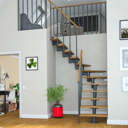 Dolle Mittelholmtreppe Cork Buche, lackiert 1/2 gewendelt 75 cm breit für GH 278 – 337 cm UK Metall Anthrazit mit Geländer