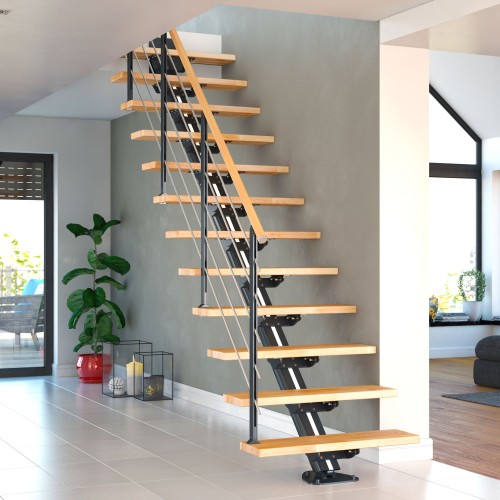 Dolle Mittelholmtreppe Sydney in Eiche, geölt 75 cm breit Gerade für Geschosshöhen 259 – 315 cm UK Metall Anthrazit mit einseitigem Designgeländer