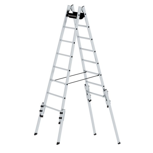MUNK Aluminium Stehleiter, treppengängig, mit 4 Holmverlängerungen 2x8 Sprossen