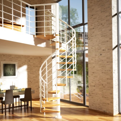Dolle Spindeltreppe Oslo Ø120cm mit 252-276cm Geschosshöhe 11 Stufen Buche lackiert Geländer weiß, mitlaufende Kunststoffstäbe