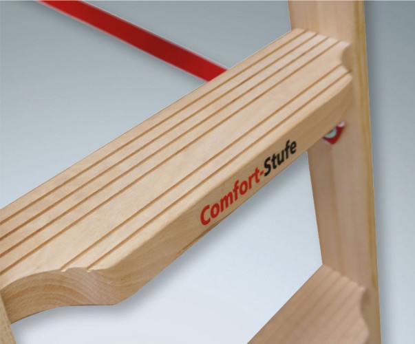 Euroline Holz Stufenstehleiter mit Comfort-Stufen mit Werkzeugablage 2x7 Stufen