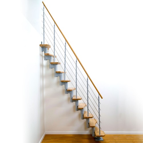 Dolle Mittelholmtreppe Basel Eiche, lackiert 64 cm breit für Geschosshöhen 240,5 – 299 cm UK Metall Anthrazit inkl. einseitigem Designgeländer