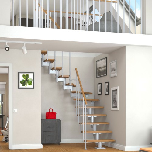 Dolle Mittelholmtreppe Cork Buche, lackiert 1/2 gewendelt 75 cm breit für GH 278 – 337 cm UK Metall Anthrazit mit Geländer