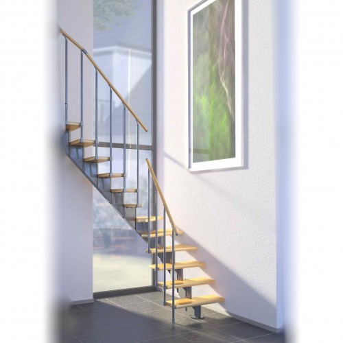 Dolle Mittelholmtreppe Hamburg ¼-gewendelt mit Einzelstabgeländer Eichestufen 75cm und Unterkonstruktion weiß 259-301cm Geschosshöhe
