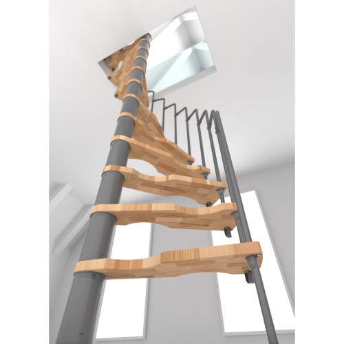 Minka Spindeltreppe Suono 47 - 305,5cm Geschosshöhe Buche Grau für 140x78cm Deckenöffnung