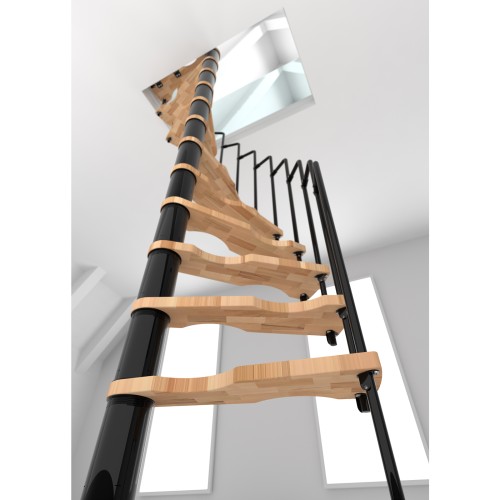Minka Spindeltreppe Suono 47 - 305,5cm Geschosshöhe Buche Schwarz für 140x78cm Deckenöffnung