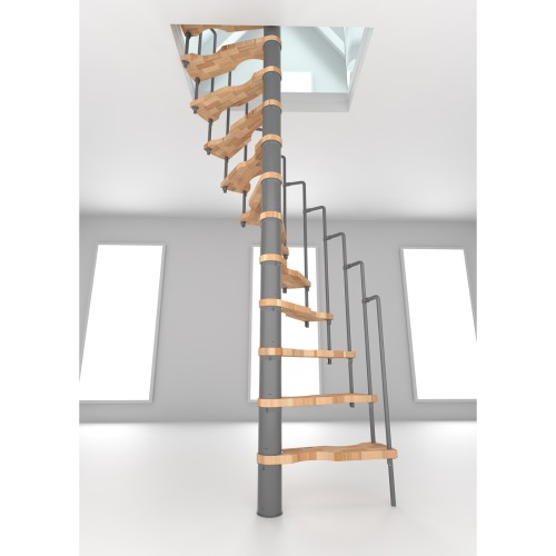Minka Spindeltreppe Suono 47 - 305,5cm Geschosshöhe Buche Grau für 140x78cm Deckenöffnung