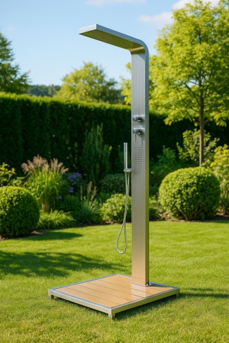 Eichenwald Modell 70 Gartendusche Elba mit WPC Plattform sandfarbig
