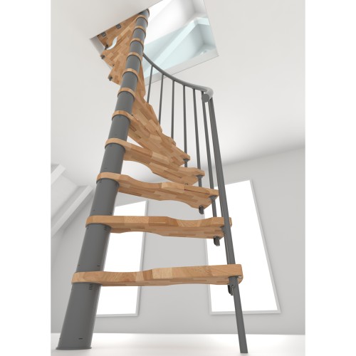 Minka Spindeltreppe Suono Smart 38 - 305,5cm Geschosshöhe Buche Grau für 140x78cm Deckenöffnung