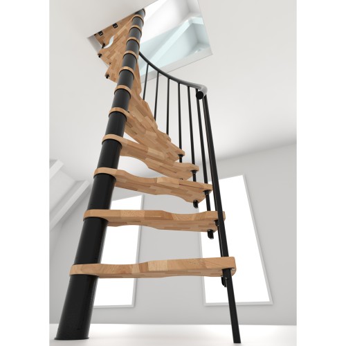 Minka Spindeltreppe Suono Smart 38 - 305,5cm Geschosshöhe Buche Schwarz für 120x68cm Deckenöffnung